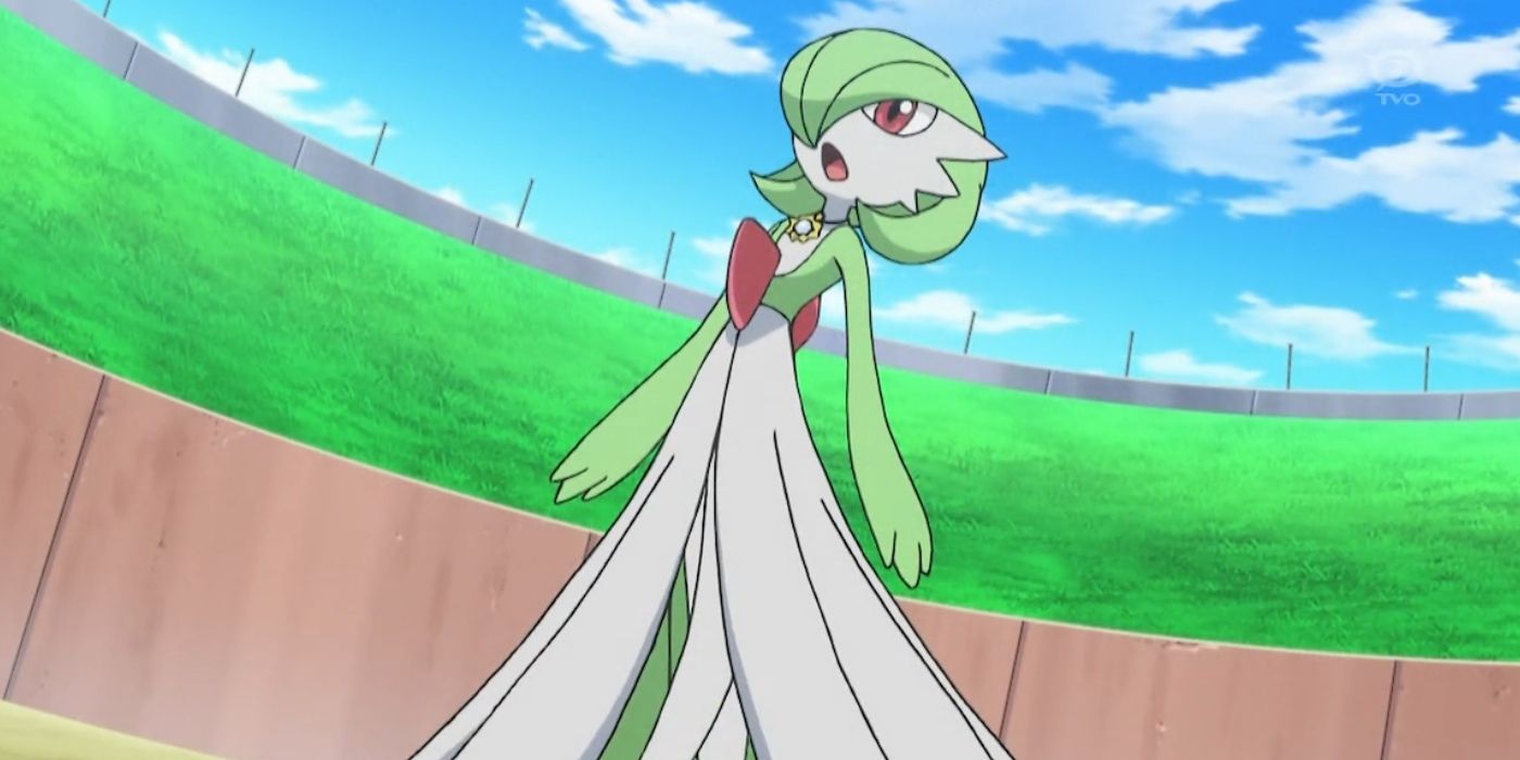 Gardevoir stands with her mouth open