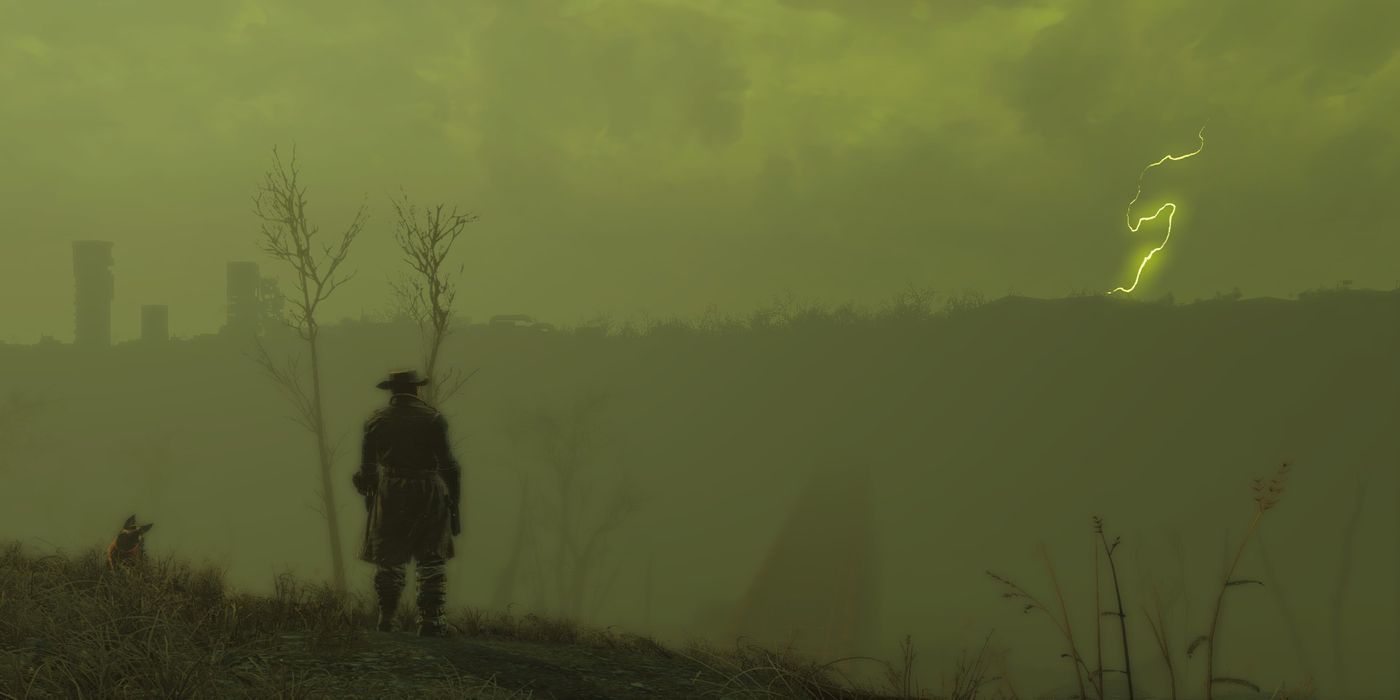 fallout 4, radiation storm with character in background