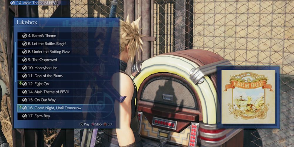Final Fantasy 7 Remake Cloud selecting a song from a jukebox