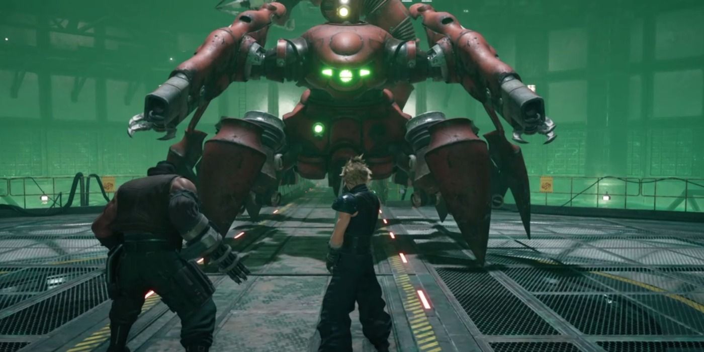 Final Fantasy VII Remake, Cloud and Barret face off against the Guard Scorpion.