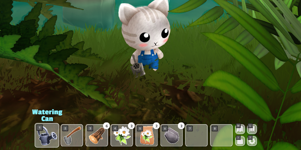 A little cat creature holding a watering cat with a toolbar of items beneath them in Garden Paws