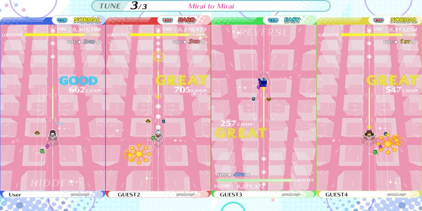 Four players compete against each other on a pink stage