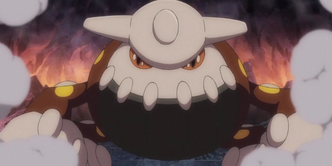 The Pokemon Heatmor stands ready to fight, inside a volcano.