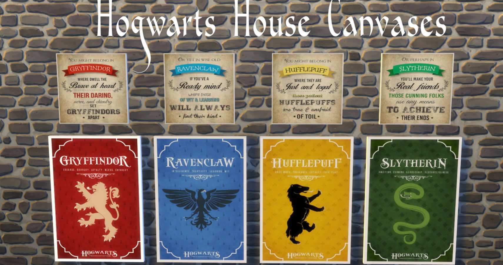 Hogwarts house canvases on a wall. 