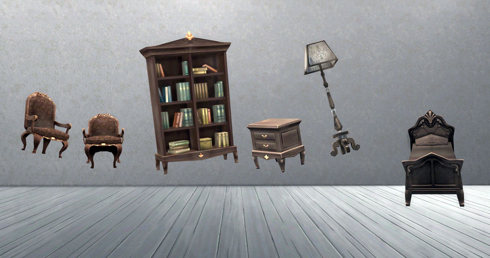 Chairs, a bookcase, a side table, a lamp and a bed all floating.