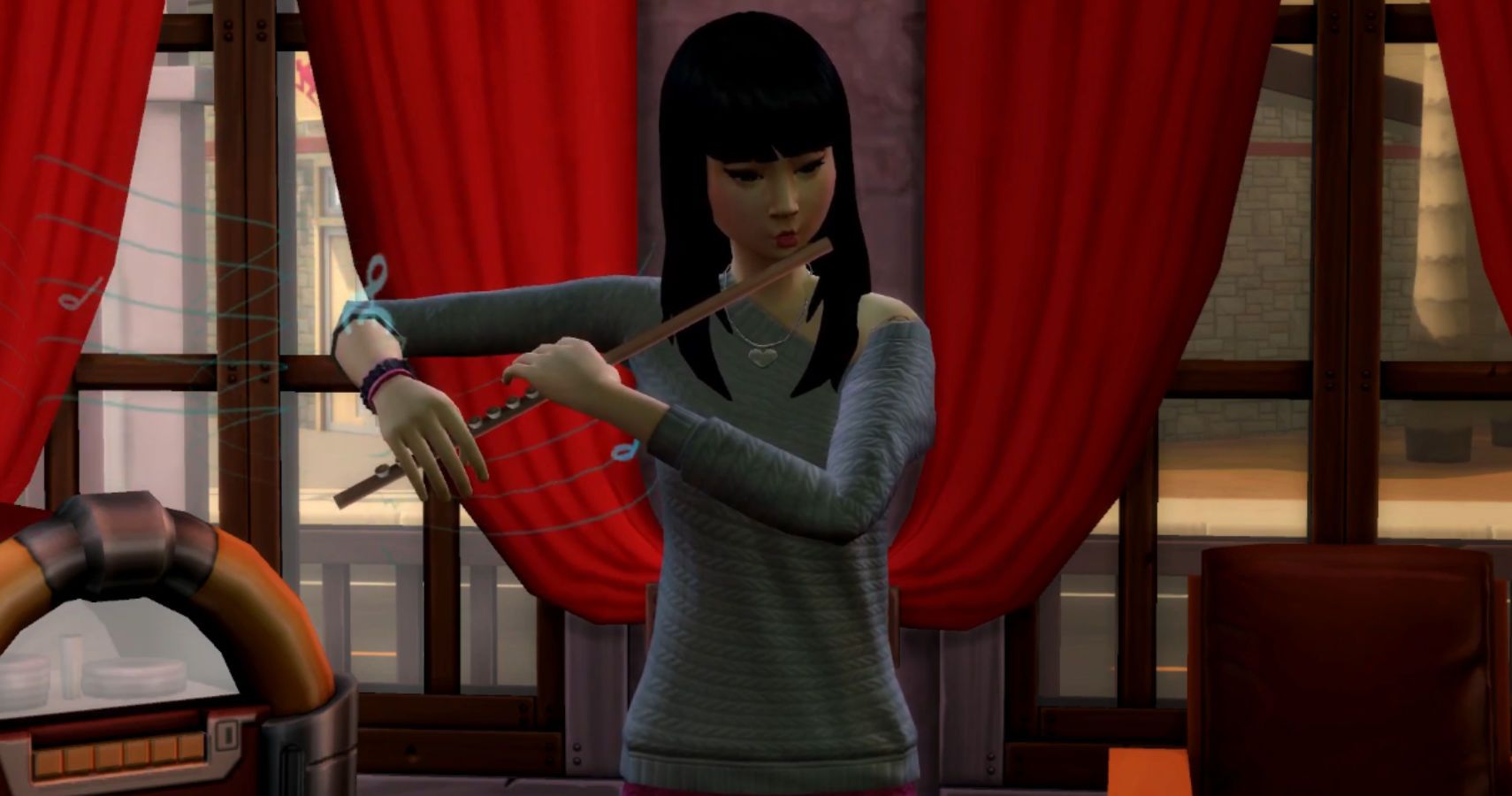 A sim playing the flute.