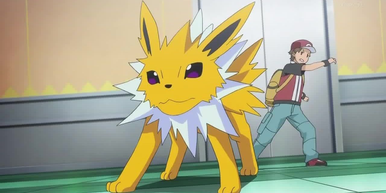 Jolteon fighting with Red in the Pokemon Origins anime