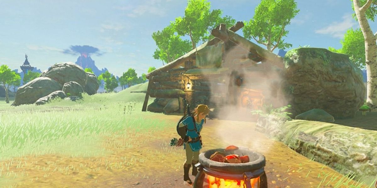 Link cooks some food outside of house on a sunny day