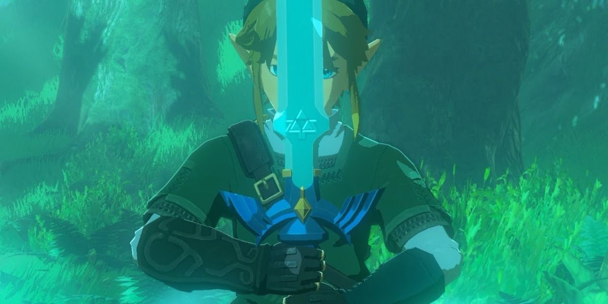 Link holding the Master Sword in front of his face