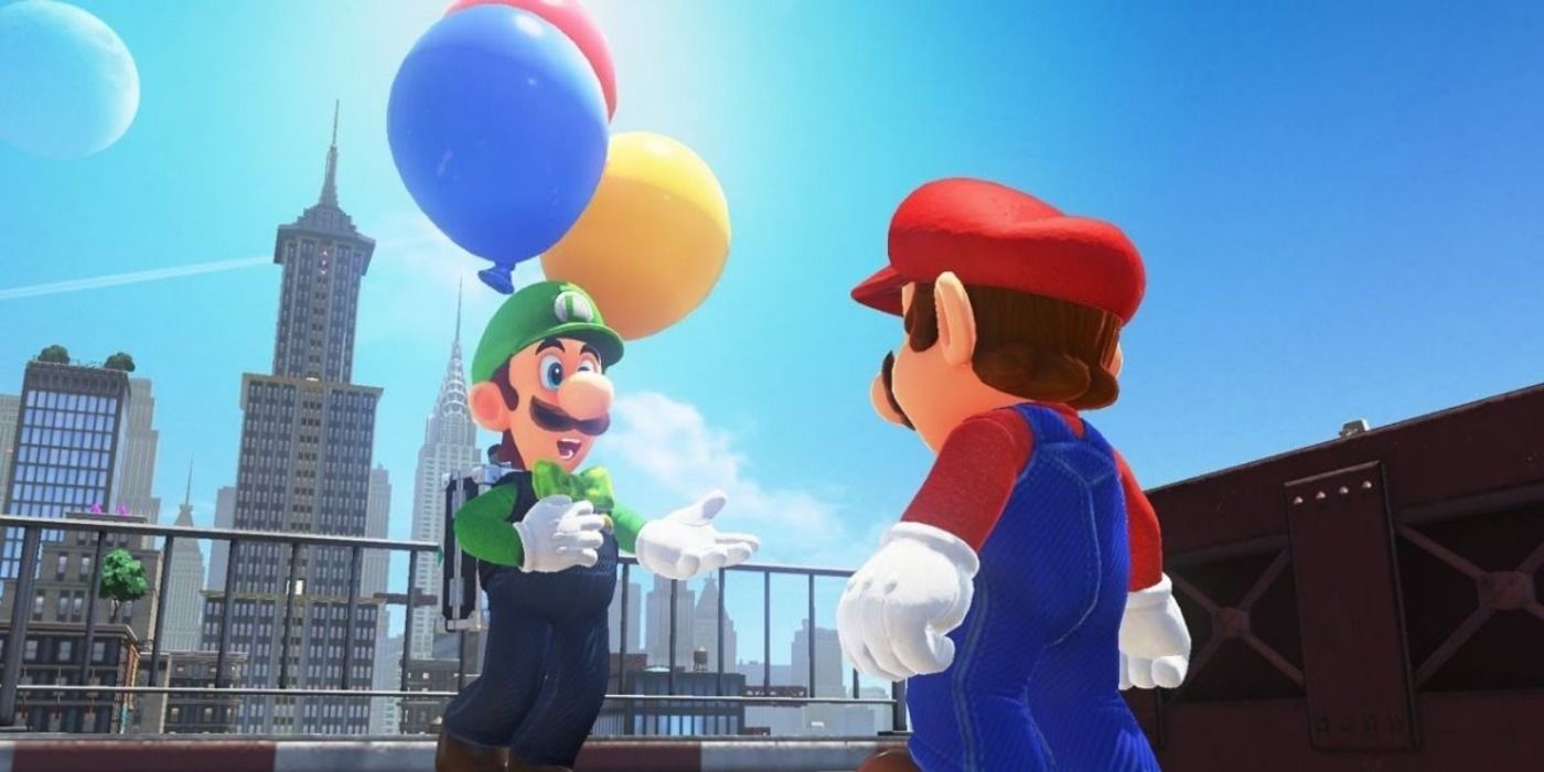 Mario standing in front of Luigi, who is floating by three balloons