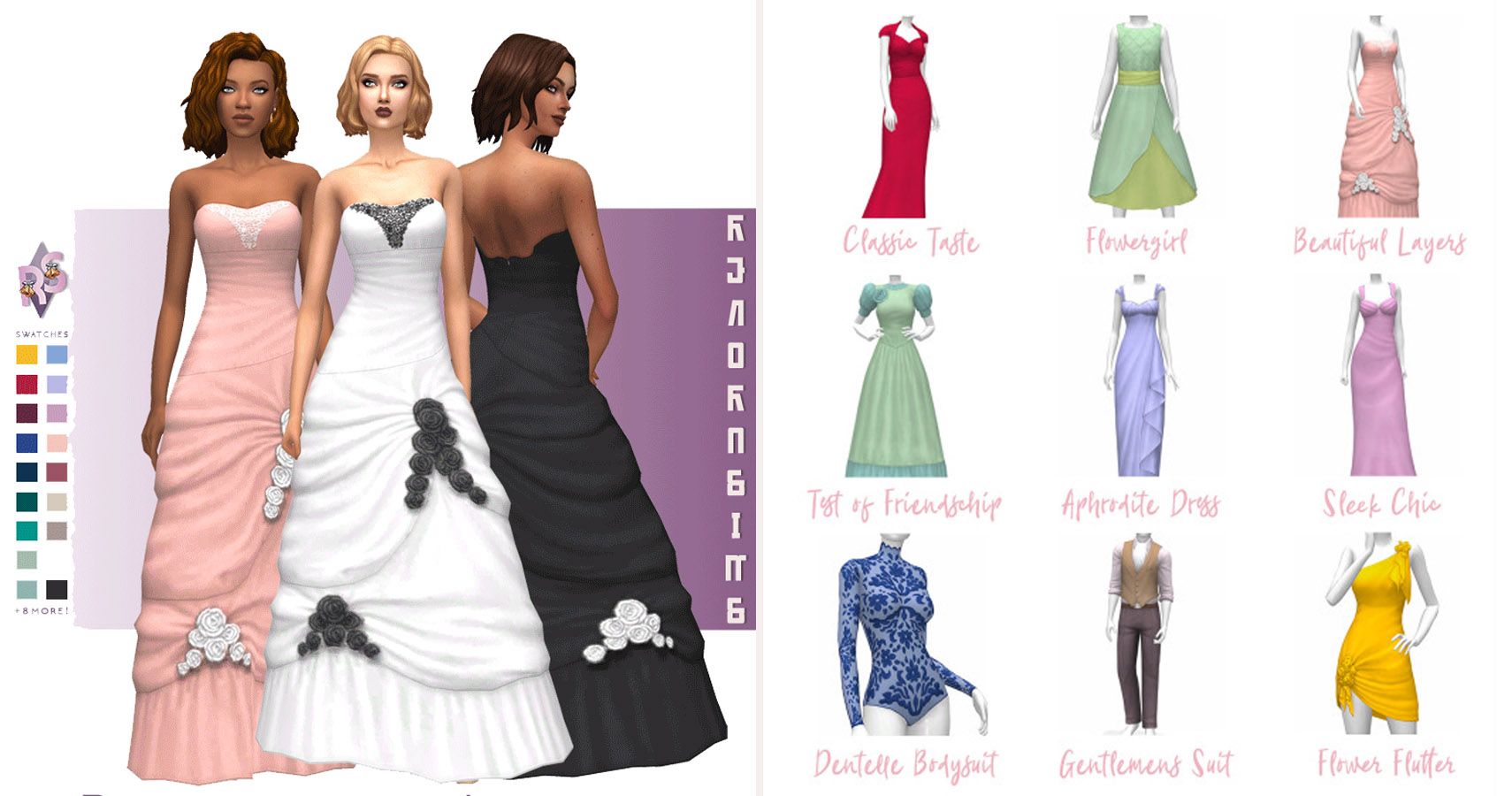 left side 3 full lengths dresses on sims. Right side 9 dress designs.