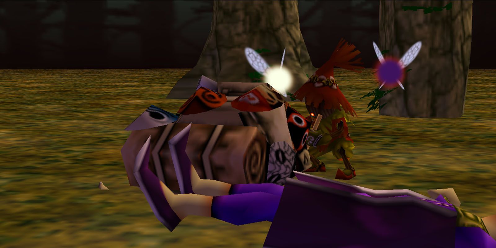Screenshot of Skull Kid stealing Majora’s Mask while the Happy Mask Salesman is sleeping.