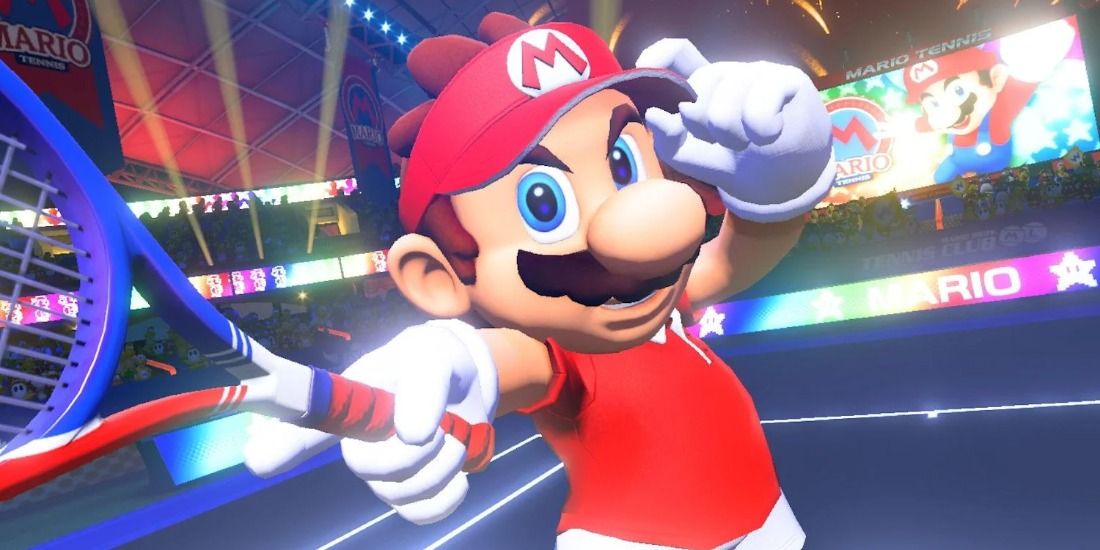 Mario holding his racket in Mario Tennis Aces ready for a heated fight
