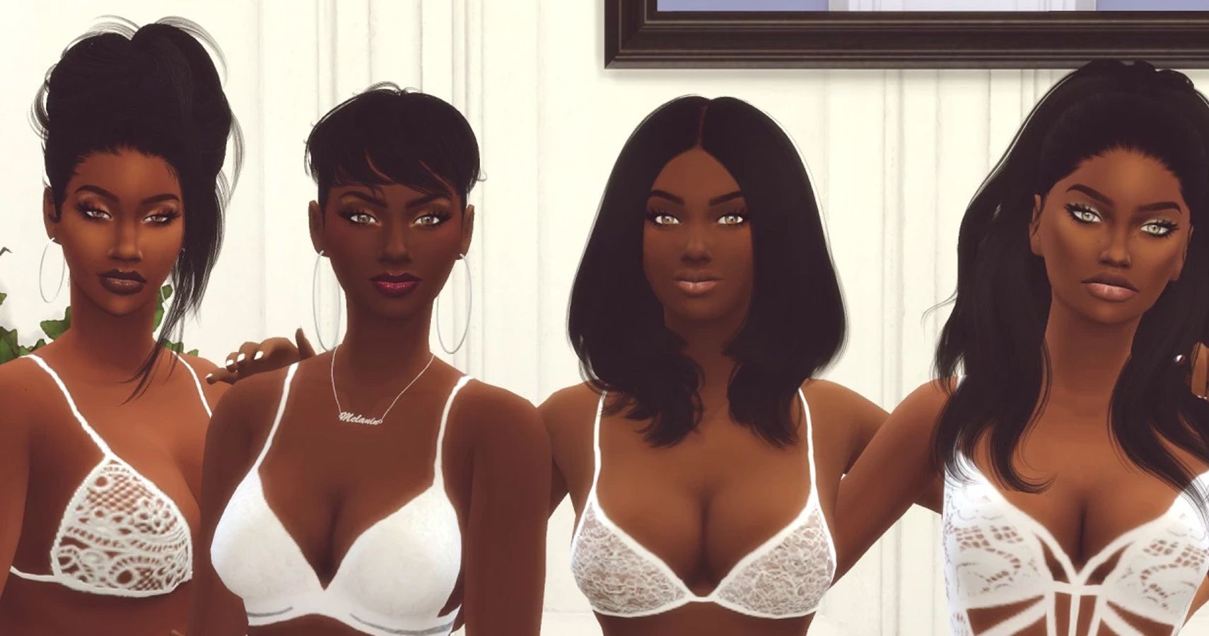Four black sims in white bras. Show from chest upward.
