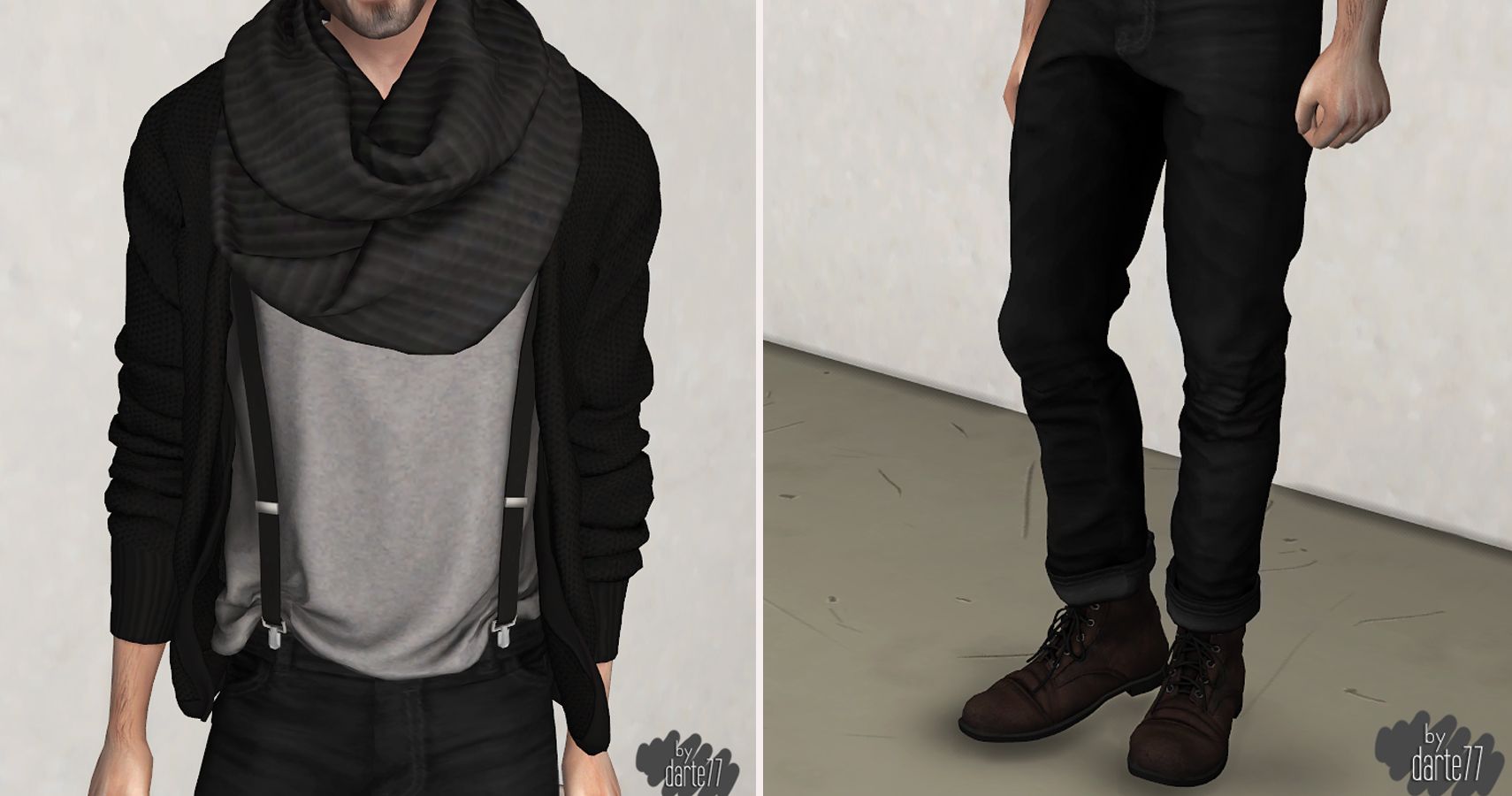 Left side chest of a male sim wearing trousers with suspenders, a baggy top and a scarf. Right side the same sims trousers and shoes.