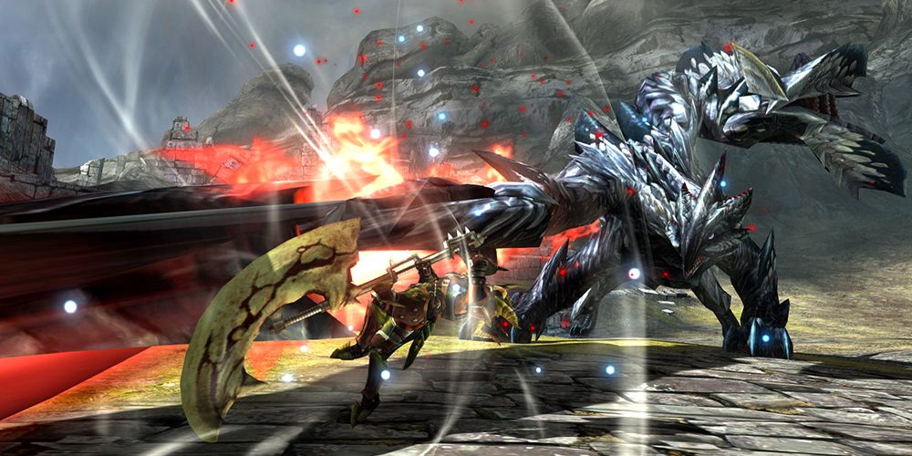 Monster Hunter Generations Ultimate hero with massive syche clashing with huge monster
