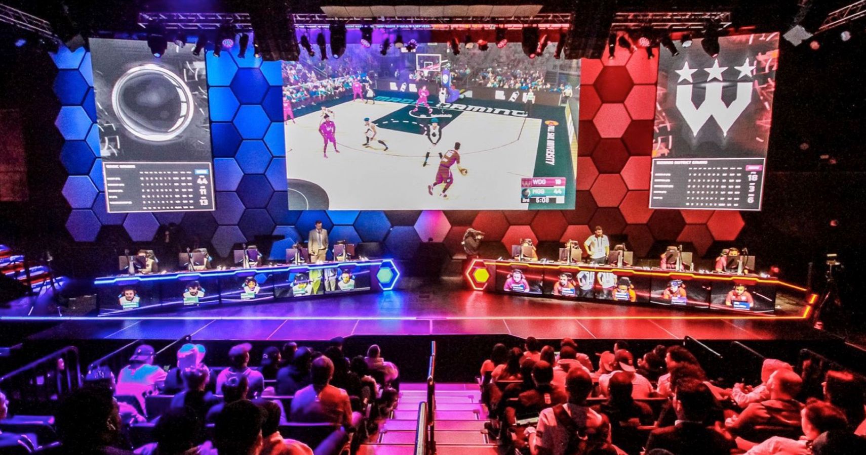 The scene at a 2019 NBA 2K League Tournament in Las Vegas.