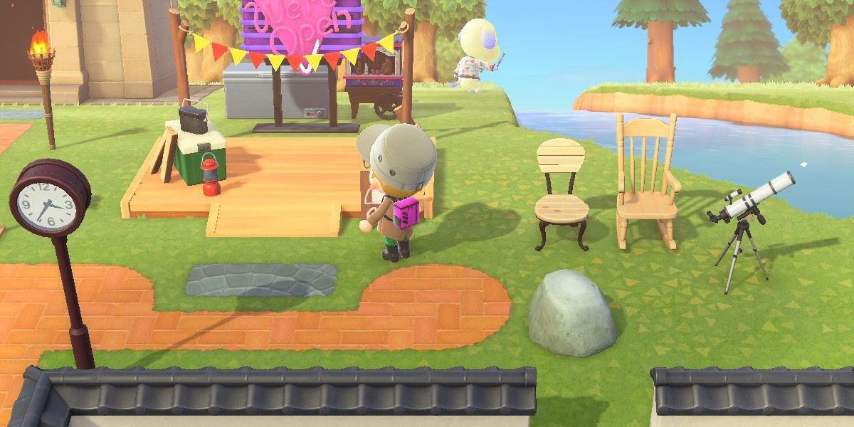 Player by a decorated campsite