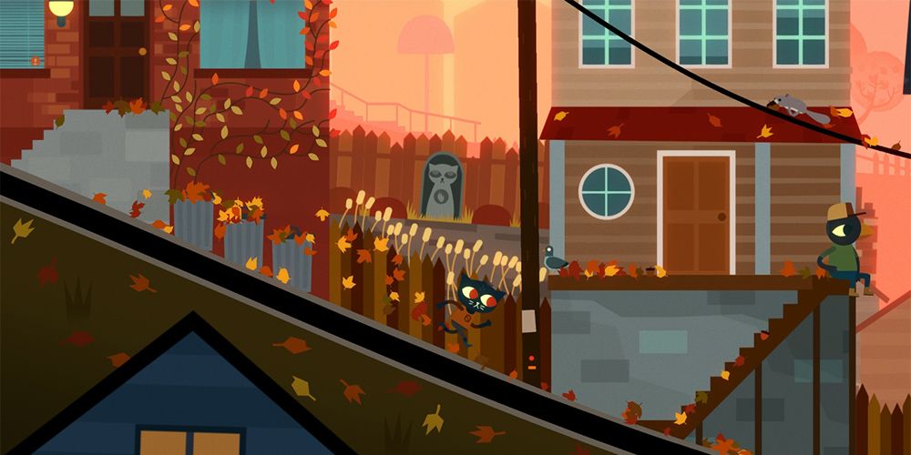 Mae running down a street in the bustling town with angled ground and houses in  Night in the Woods.
