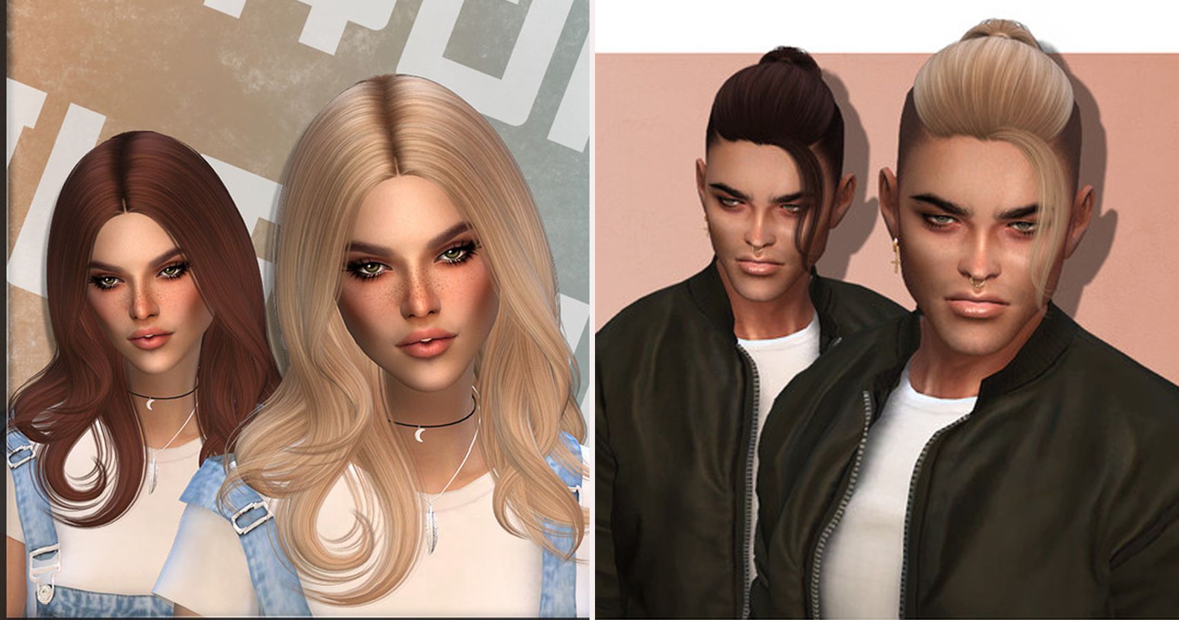 Left side 2 sims with long wavy hair. Right side two sims with man buns