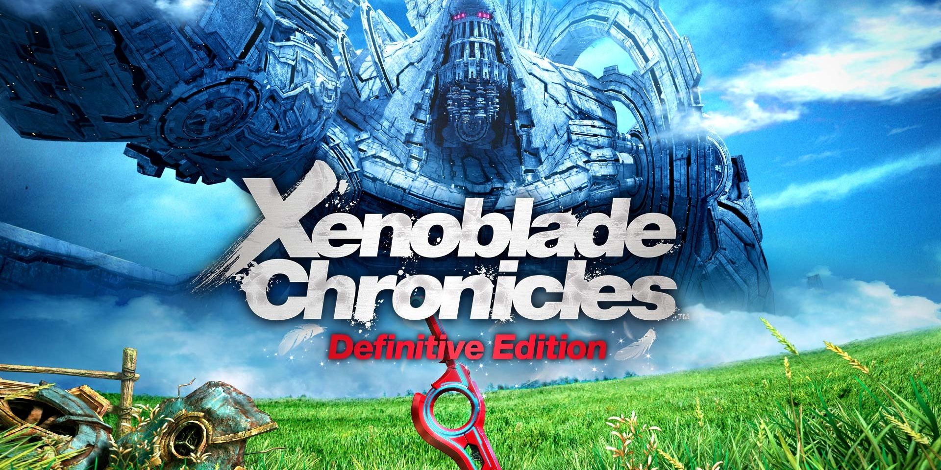 Cover Art for Xenoblade Chronicles Definitive Edition Bionis in the background of grassy landscape with Monado sword stuck into the ground