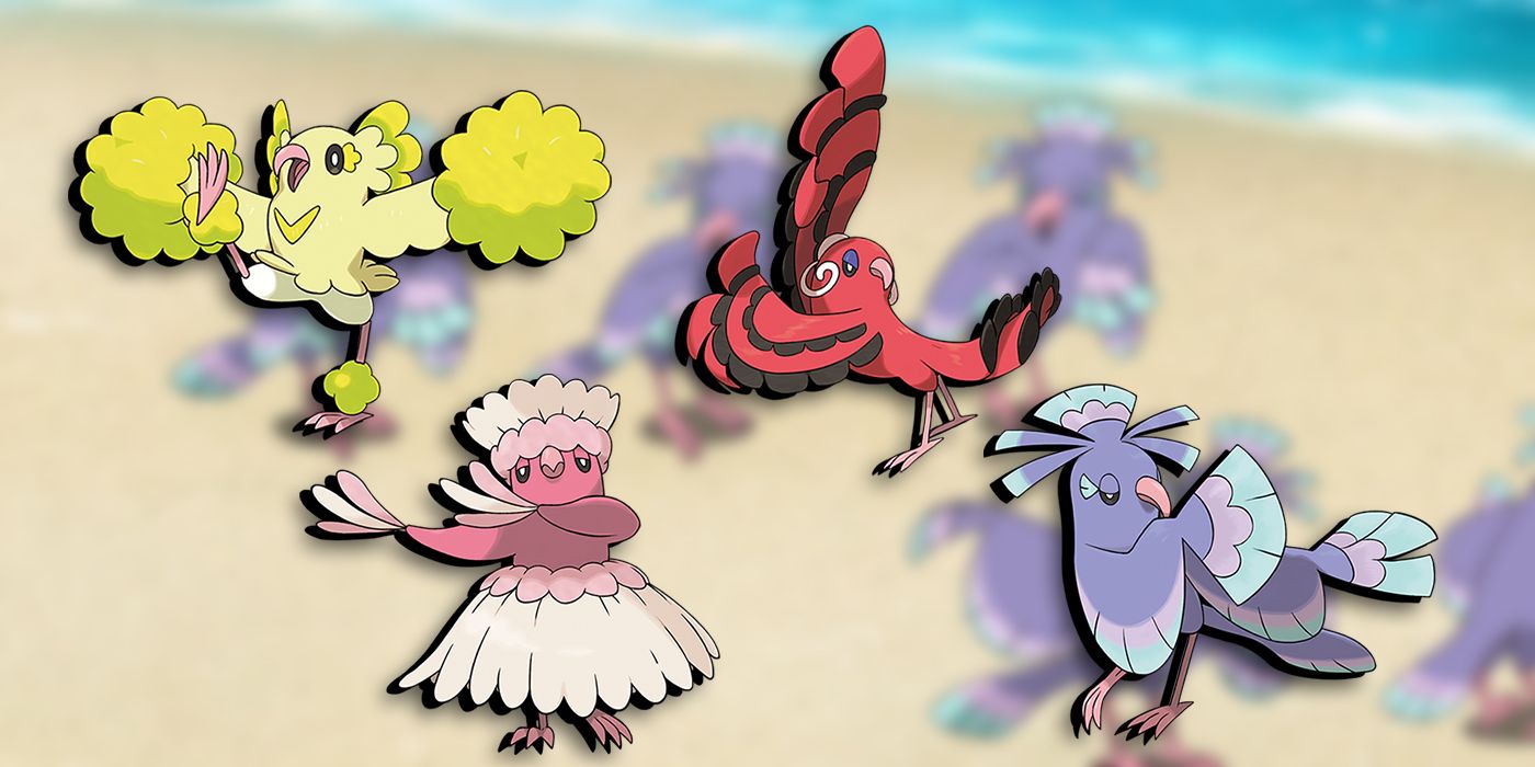 Pokemon: All 4 Variants Of Oricorio Overlaid On Image Of Oricorio In The Anime