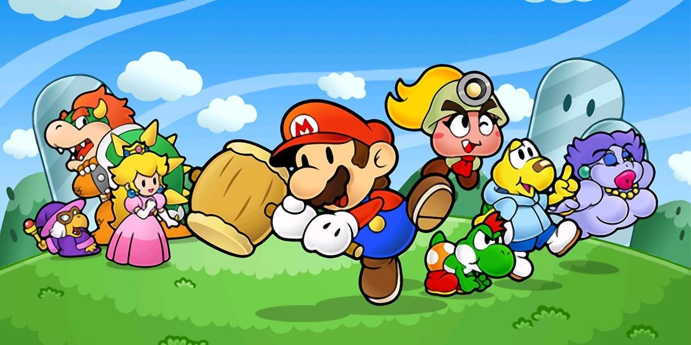 Paper Mario The Thousand-Year Door promo art of Mario with sledge hammer and supporting cast
