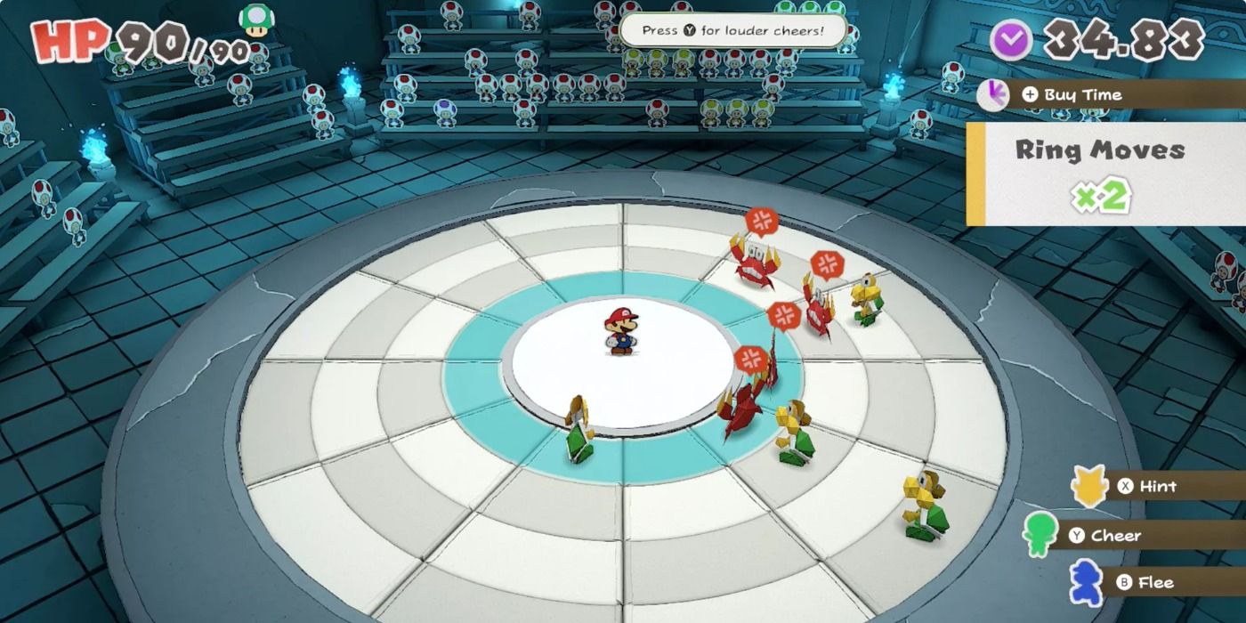 Circular arena with Toads watching battle in Paper Mario Origami King