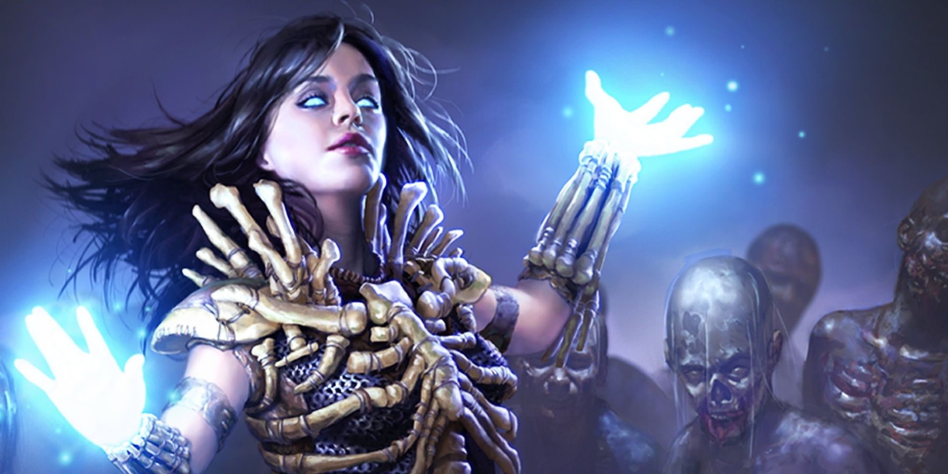 Path of Exile Necromancer with blue glowing eyes and hands controlling zombies and skeletons behind her