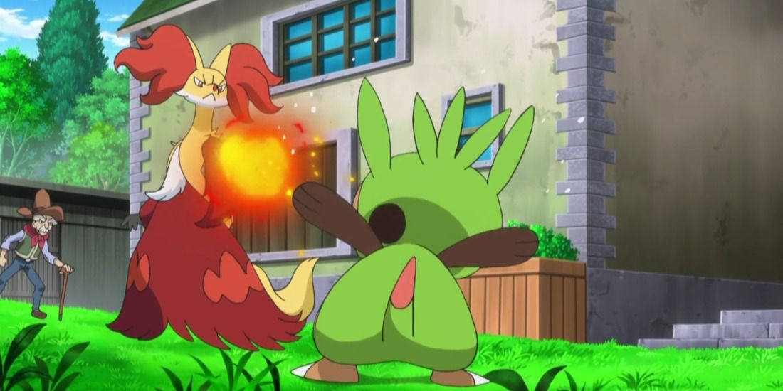 a battle in the pokemon anime between delphox and chespin