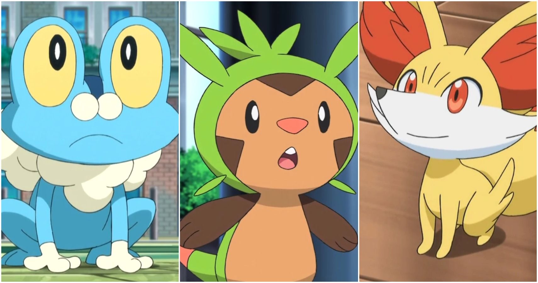 froakie, chespin, and fennekin, the kalos region starter pokemon, in the anime