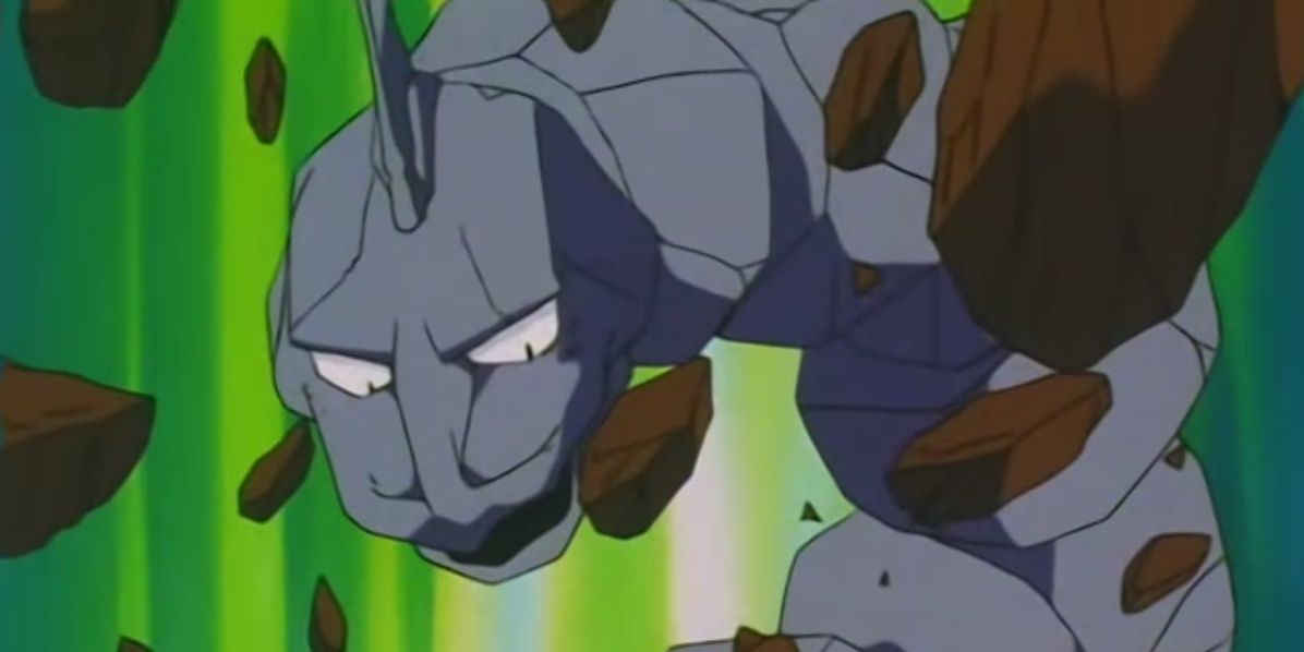 Pokemon Anime Onix Stones Surrounding Angry Face Battle Green Background