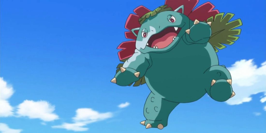 Venusaur from the Pokemon Anime falling down on an opponent from above