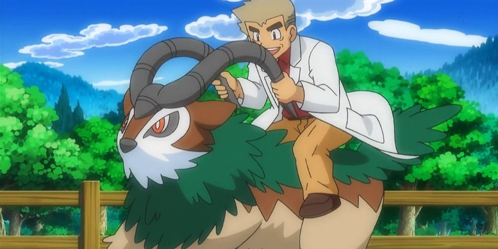 Professor Oak riding a Gogoat in the Pokemon anime