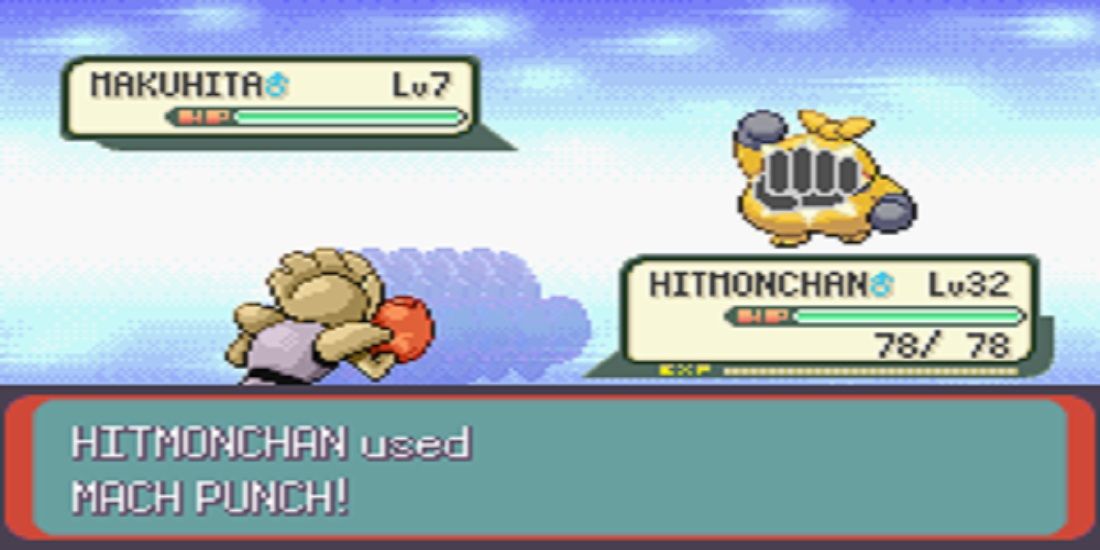 Pokemon battle Hitmonchan uses Mach Punch against a Makuhita