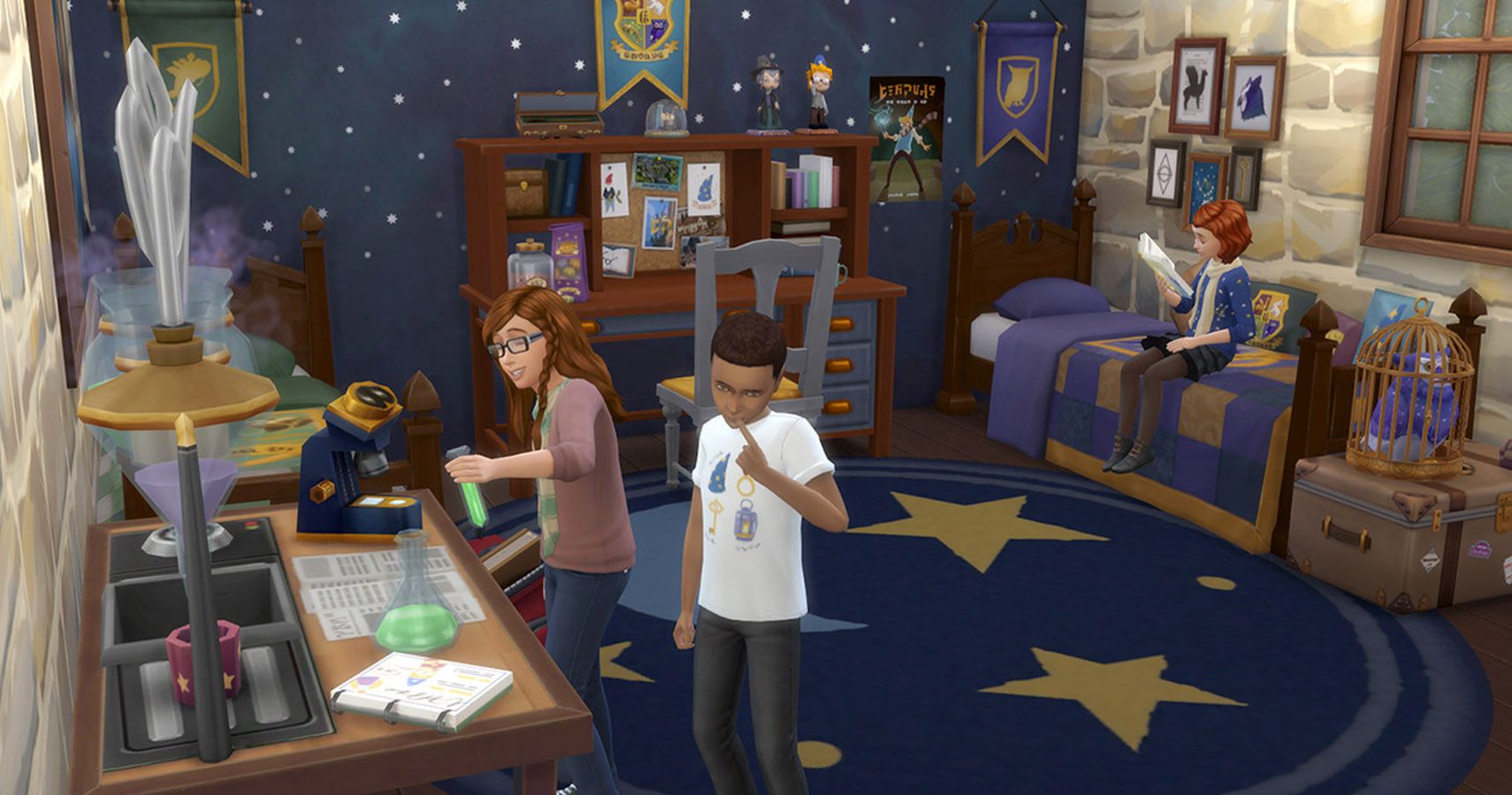 Two child Sims in a Harry Puffer bedroom.