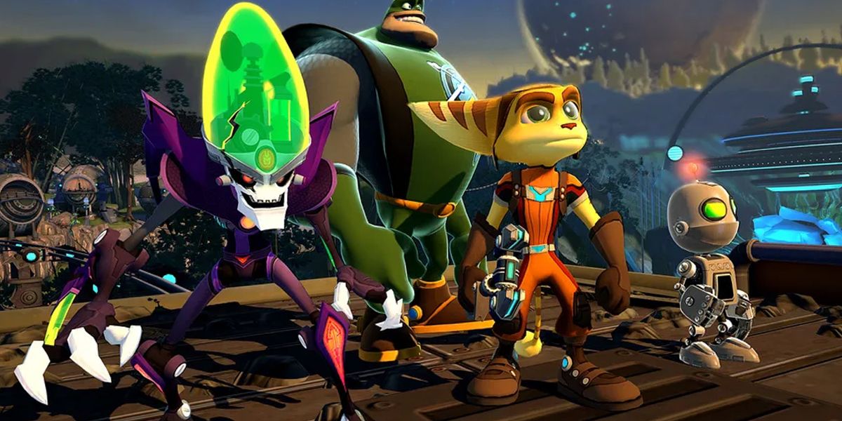 Ratchet, Clank, Qwark, and Doctor Nefarious stand together on a rock