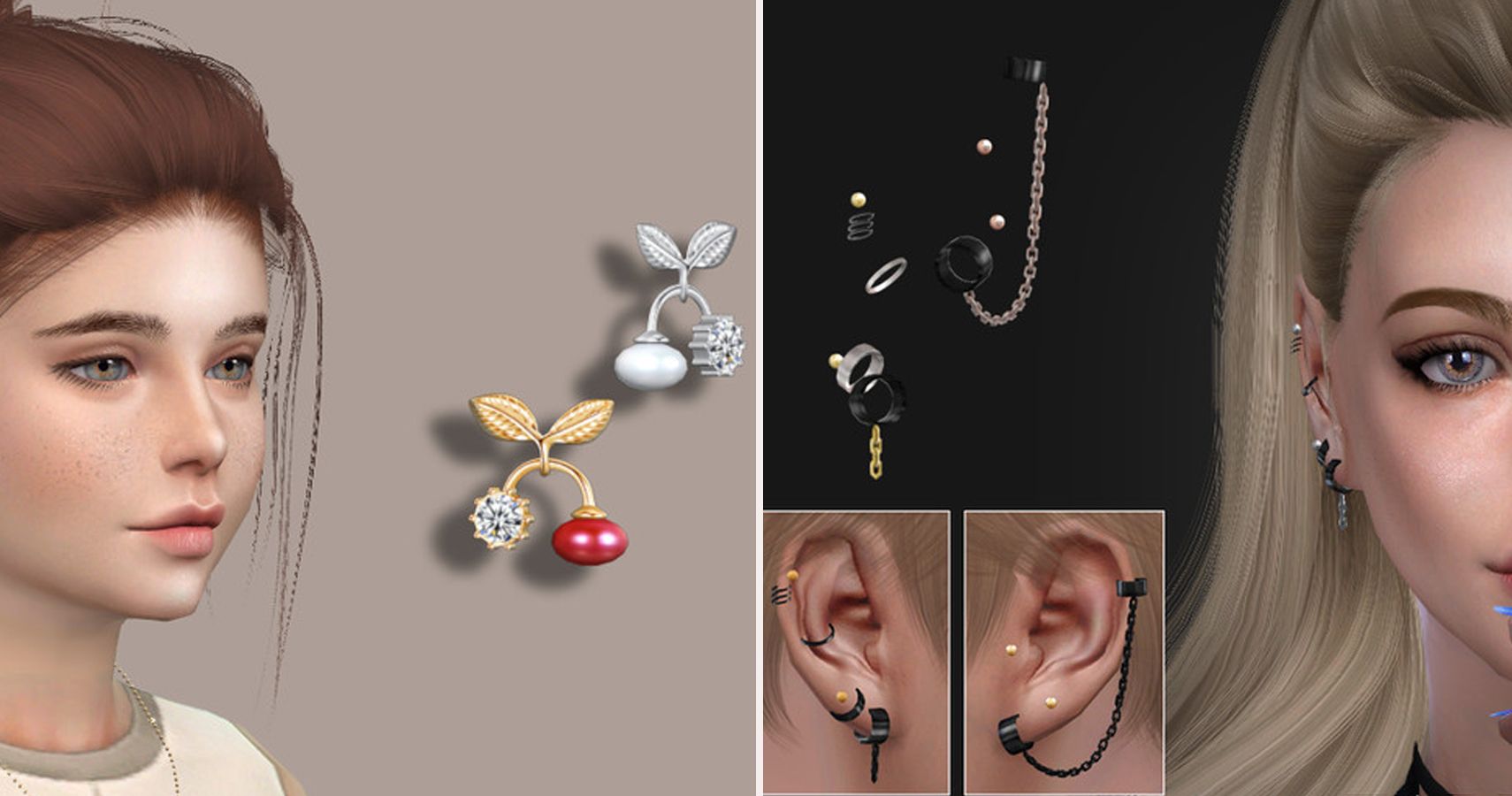 Left side sims face next to some earrings. Right side Half a sims face with earrings swatches next to it.