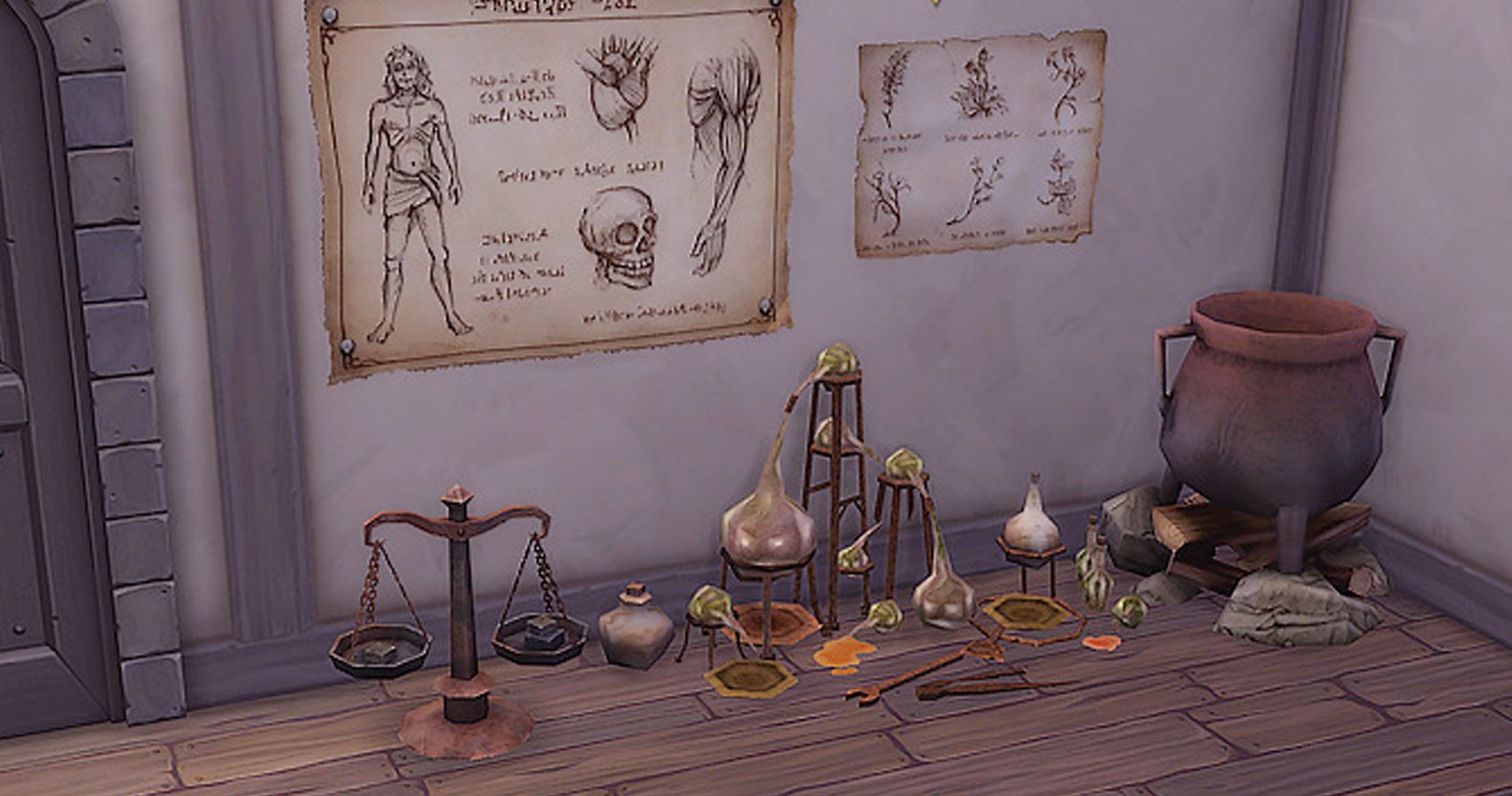 A brewing set from The Sims medieval with scales, cauldron and jars.