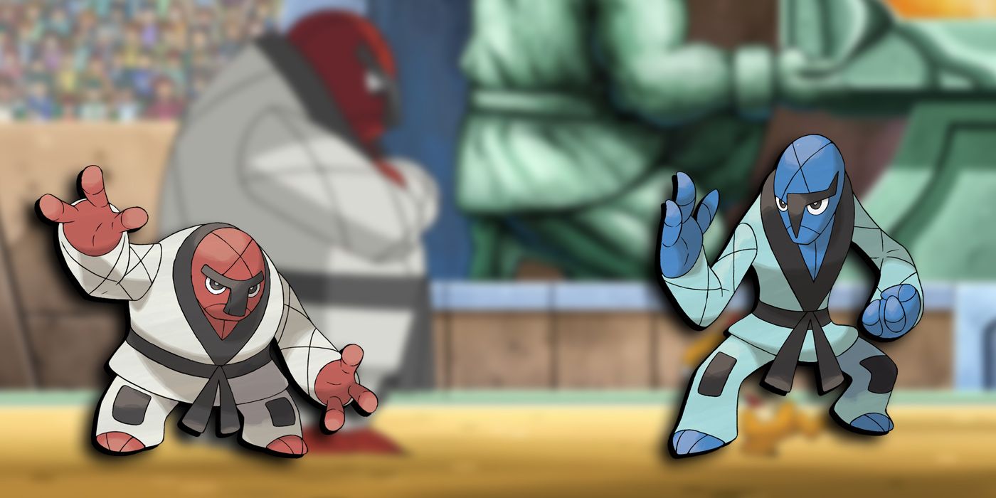 Pokemon: Sawk &amp; Throh Overlaid On Image Of Throh In The Anime