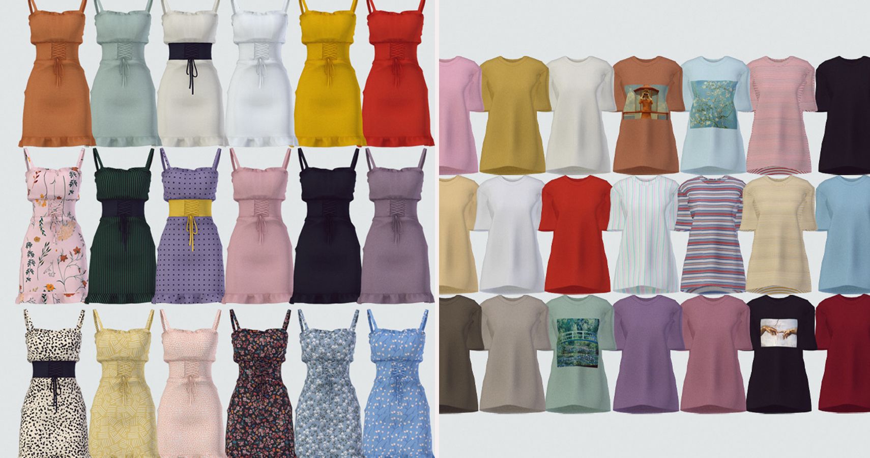 Left side a number of dresses of different colors. Right side three rows of multicolored t-shirts.