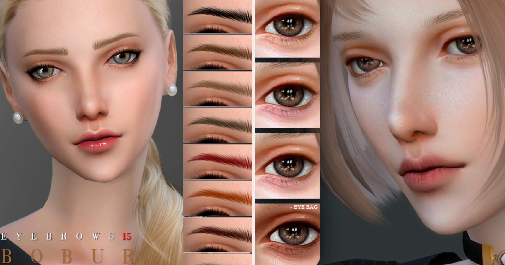 split image, left side sims face and eyebrow swatches right side sims face and eyelash options