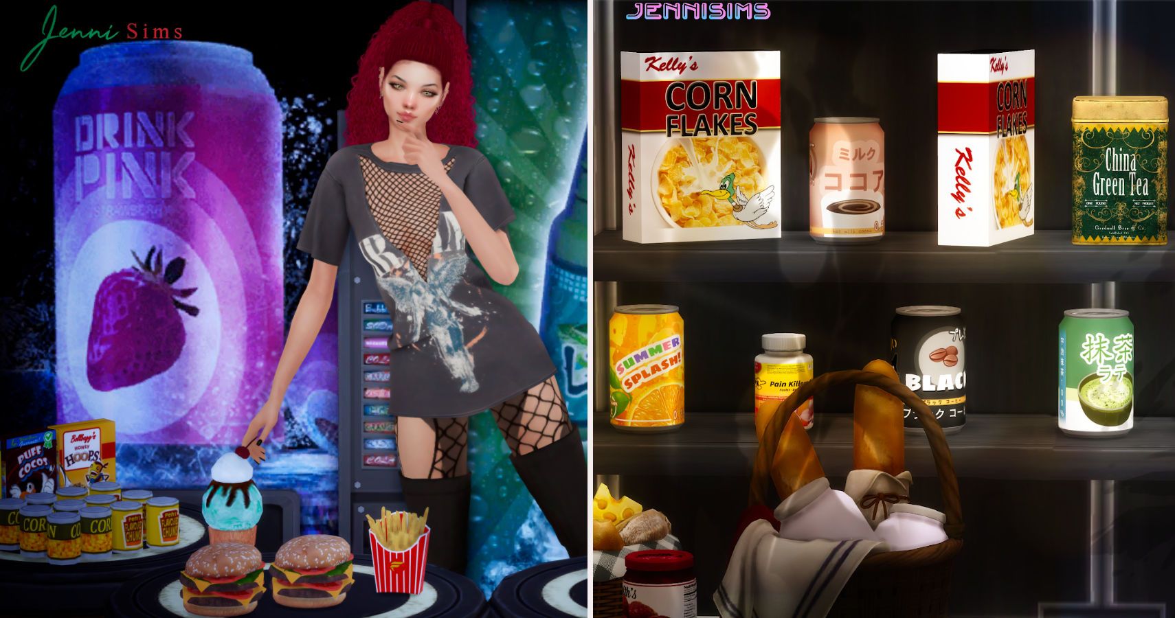 A Sim next to alpha CC clutter of everyday items including fast food, soda and cereal.