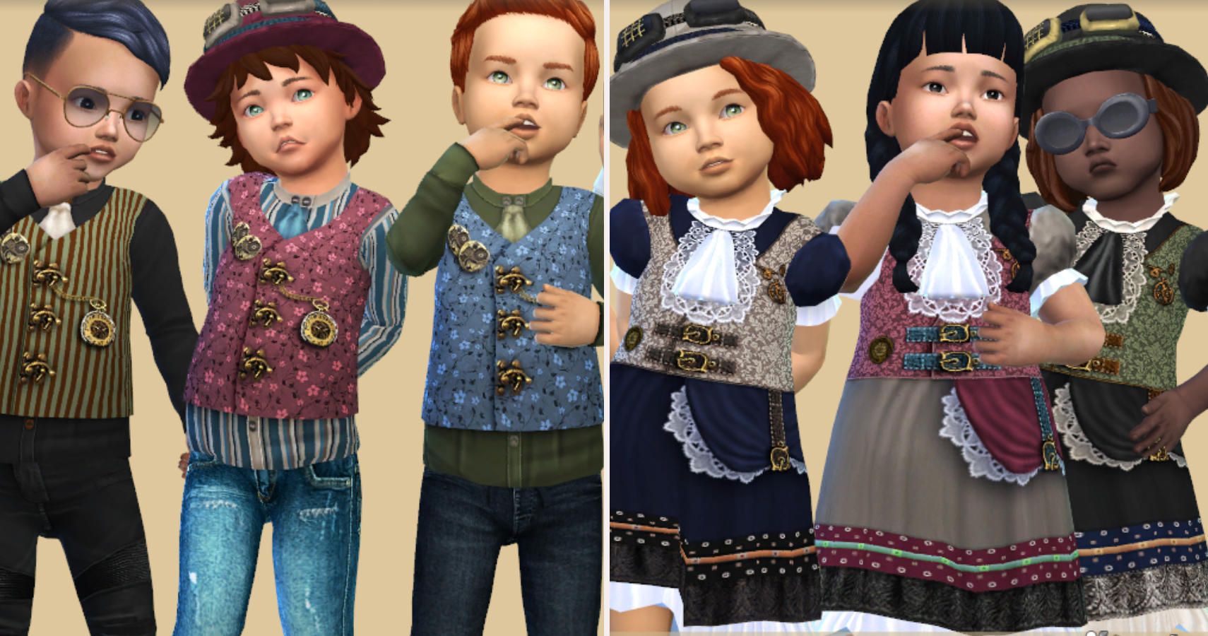 left side 3 sims boys in steampunk style waistcoats and jeans. Right side 3 toddler girls in steampunk dresses and hats.