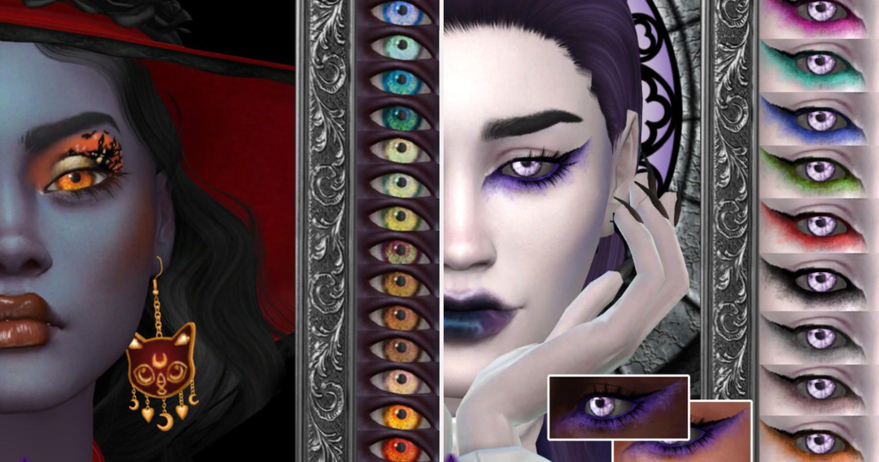 left side half a sims face with eye swatches, right side half a sims face with eyeliner swatches.