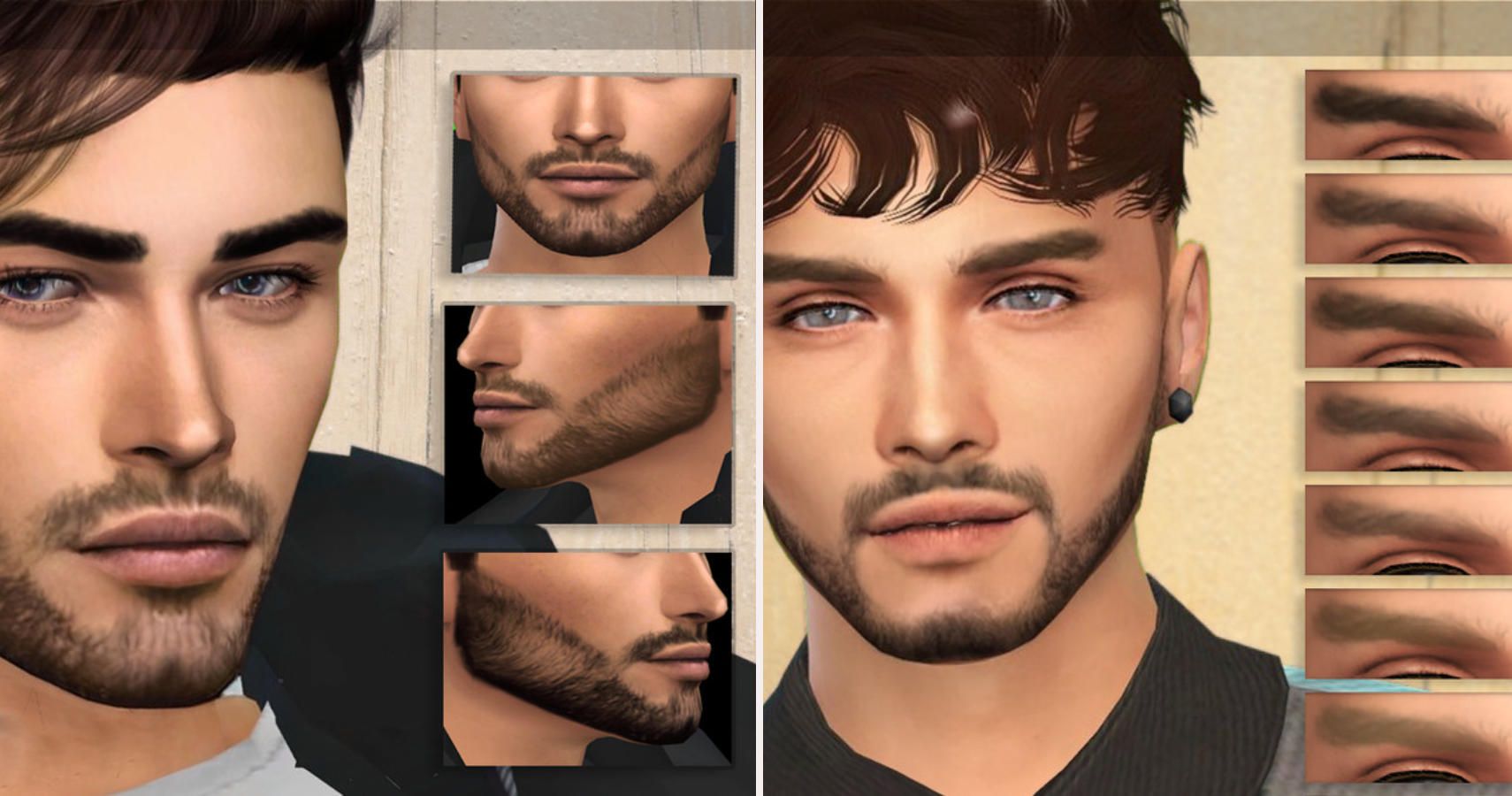 left side male sims face and beard from 3 angles. Right side male sims face with eyebrow swatches.