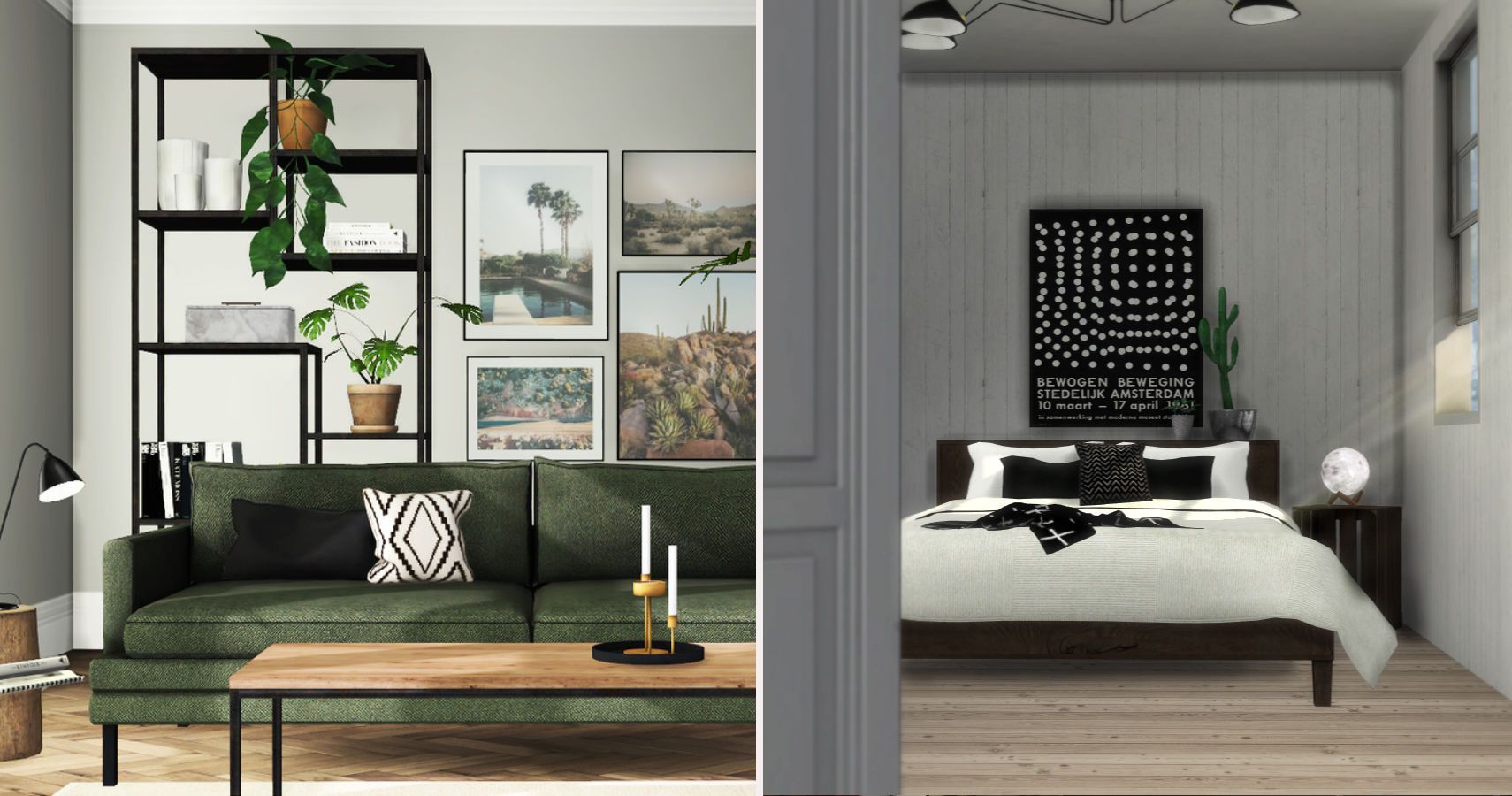 Left side a modern living room wth sofa, table and wall art. Right side a modern bed with wall decor and lighting.