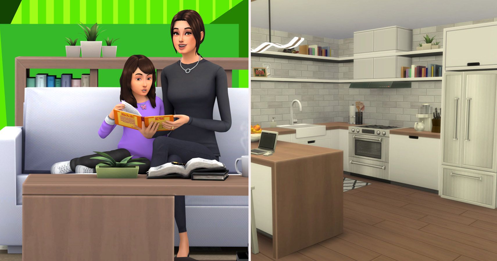 Left parent and child with instructions infront of the pack furniture. Right side a kitchen built from the pack.
