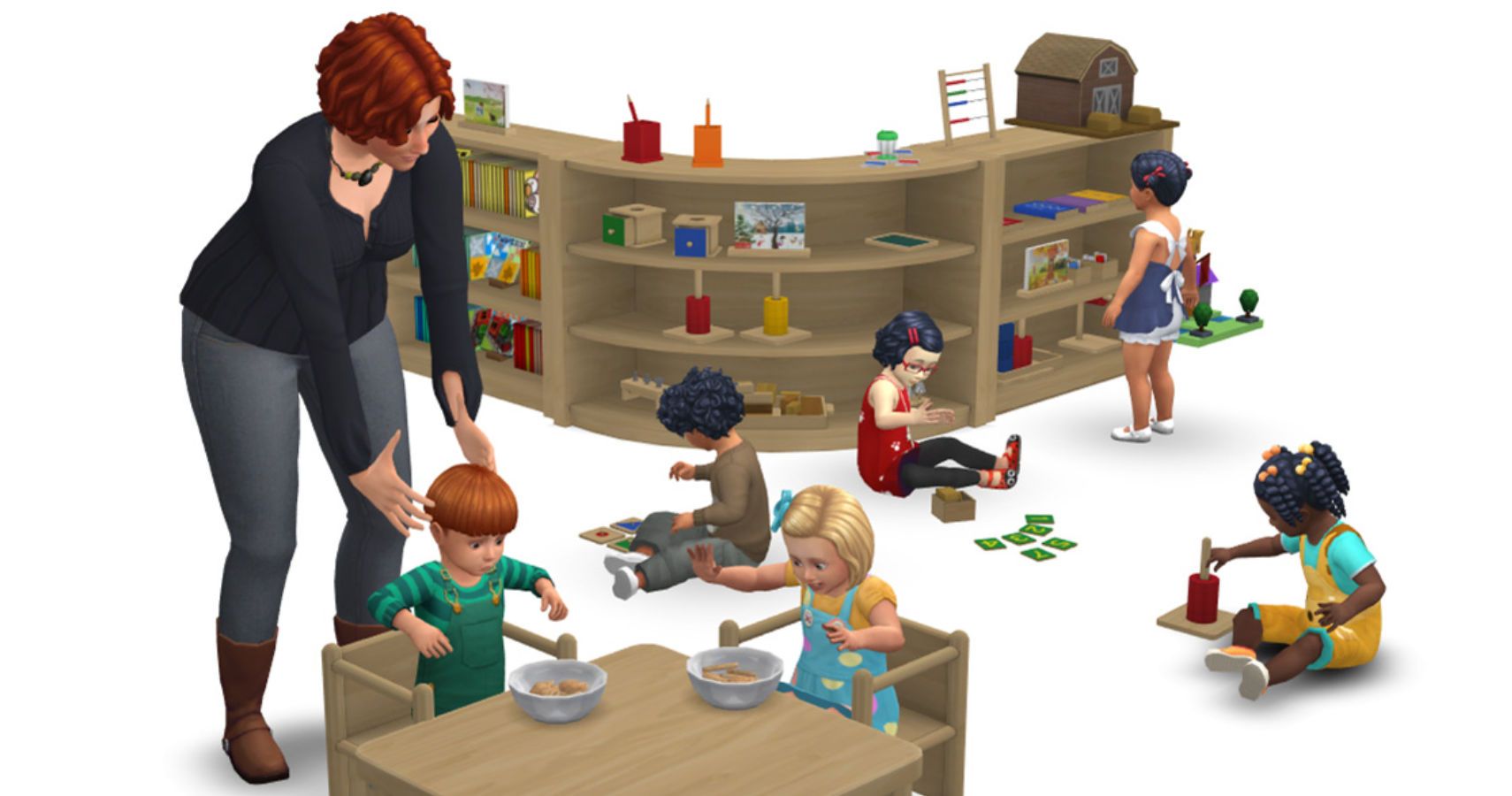 toddlers sat at a table eating while two others play with puzzles in front of a bookshelf. An adult supervises.