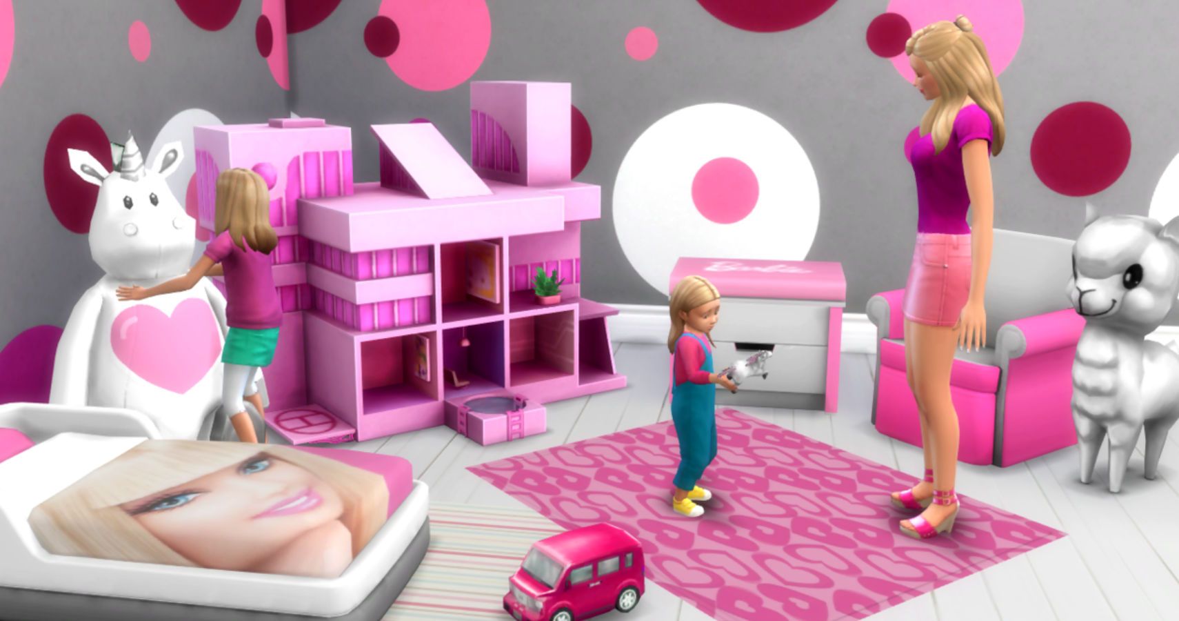 A sims toddler in a very vibrant barbie themed pink room.